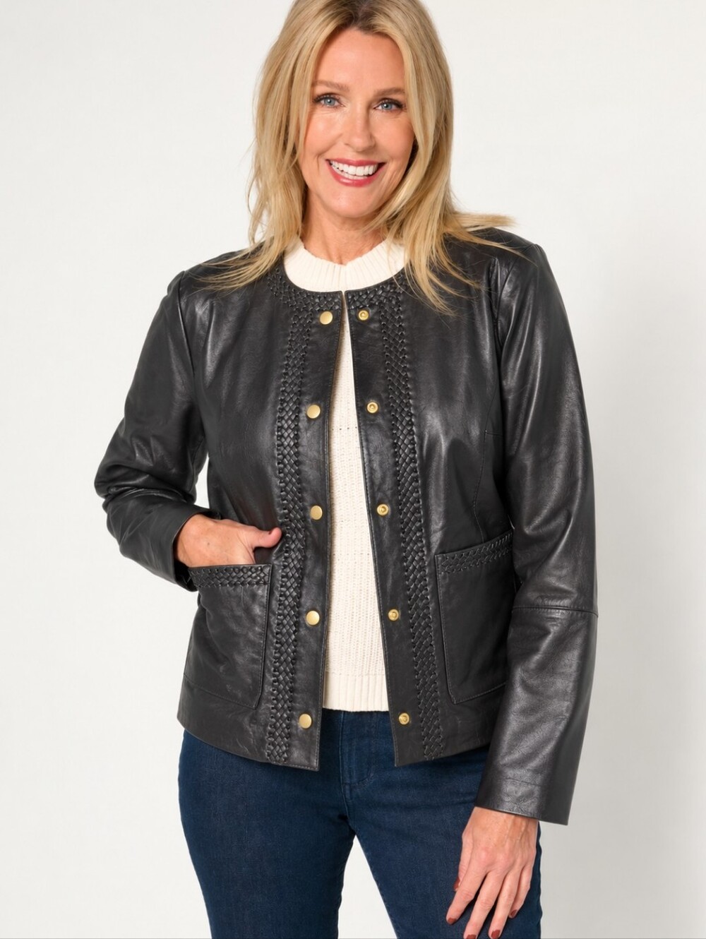 Susan Graver Black Timeless Genuine Leather Jacket with Braided Trim Size 12